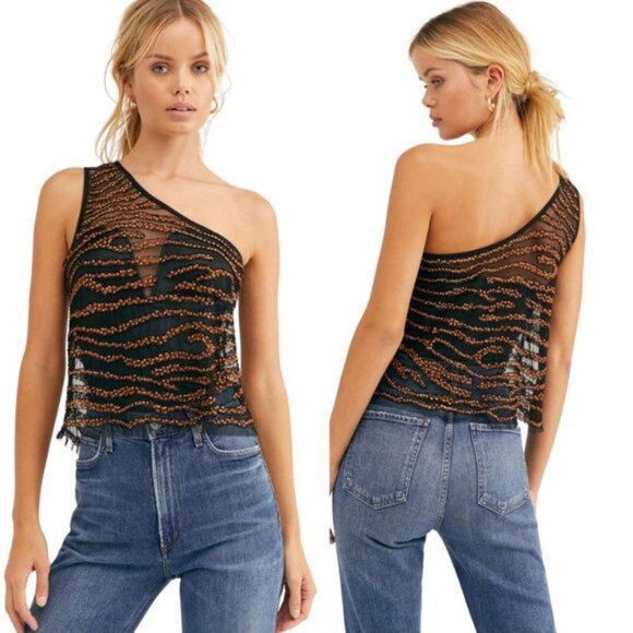 Free People NWT Head Turner One Shoulder Top XS Golden Night - Picture 1 of 14